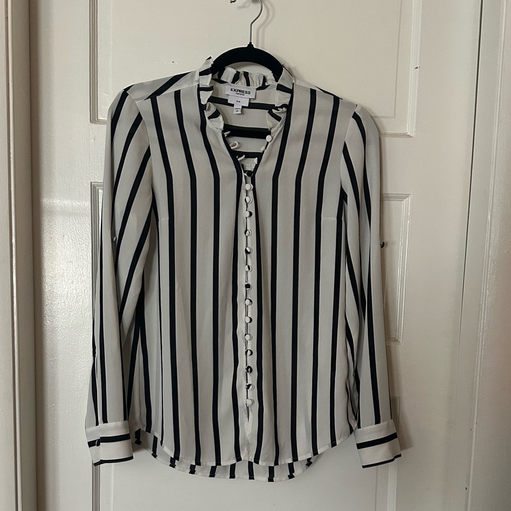Express Slim Striped Button Down Ruffle Collar - image 1
